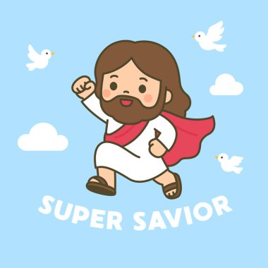 Çizgi film Süper Kurtarıcı İsa Mavi Gök Vektörü Çiziminde Pelerin ve Güvercinlerle Uçuyor