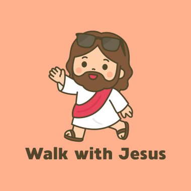 Güneş gözlüğü takan, İsa 'nın Yürüyüşü ve İsa İfadesi İllüstrasyonuyla Sallanan sıradan bir çizgi film.