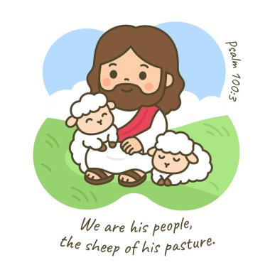 Çizgi film İsa Koyun ile Lush Pasture Altında Yumuşak Mavi Gök Vektörü Resimlerinde Oturuyor