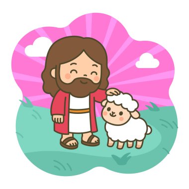 Karikatür İsa ve Koyun Huzurlu Çayır 'da Parlak Pembe Gökler' in Vektör İllüzyonu