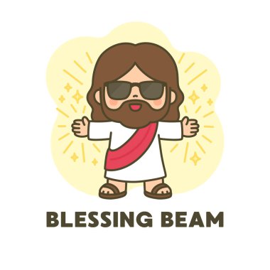 Çizgi film İsa, Güneş Gözlüğü ve Yazı Kutsama Işın Vektörü İllüstrasyonuyla Işınlar Ediyor