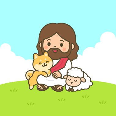 Karikatür İsa, Köpek ve Kuzuyla Çimen Sahasında Mavi Gökyüzü ve Bulut Vektör Resimleriyle