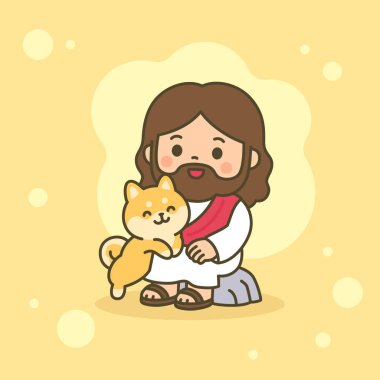 Sıcak Sarı Arkaplan Vektör İllüstrasyonlu Mutlu Çizgi Filmler İsa Tutucu Köpeği