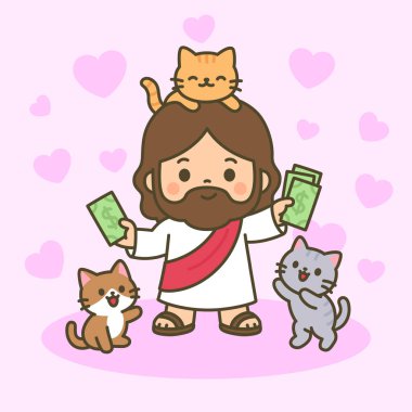 Cats and Hearts with Money in Hand Vector Illustration tarafından çevrelenmiş karikatür İsa