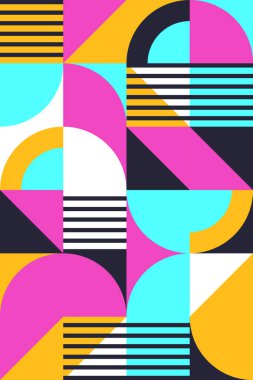 Canlı Bauhaus Posteri Yarım Çember, Çizgili ve Neon Renk Paleti Vektör İllüstrasyonlu