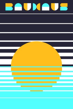 Aqua Gradyan ve Çizgili Arkaplan Vektörü İllüstrasyonlu Sarı Güneş Bauhaus Posteri