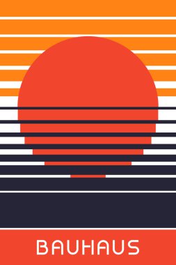 Yatay Çizgileri ve Kalın Kırmızı Çember Vektör İllüstrasyonlu Günbatımı Bauhaus Posteri