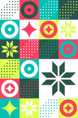 Canlı modern Bauhaus deseni, neon renkli geometrik fayanslar.