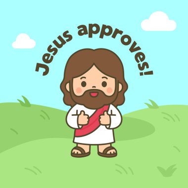 Çimen Tarlasında Başparmakları Kalkık Mutlu İsa Çizgi Filmi ve İsa Vektör Resimlerinin Üzerinde İfadeyi Onayladı