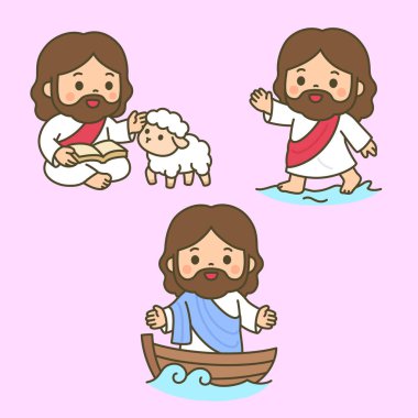 Bir kuzunun yanında kitap okuyan şirin bir çizgi film İsa Suyun üzerinde yürüyen ve yelkenli vektör ilülasyonu