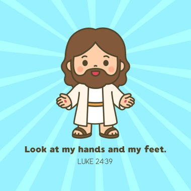İsa, Luke 'la ellerini gösteriyor. 24: 39 Mavi Işınlar Arkaplan Resimleri Üzerine İncil Şiiri