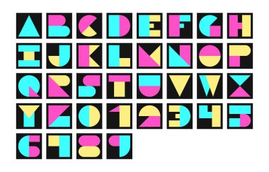 Parlak Blok Renkleri ve Kare Çerçeveli Harf Tasarım Vektörü İllüstrasyonunda Izgara tabanlı Bauhaus Alfabesi