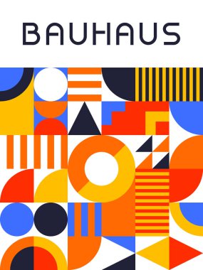 Soyut Şekiller ve Dinamik Beste Vektörü İllüstrasyonu ile Renkli Modüler Bauhaus Izgara Tasarımı