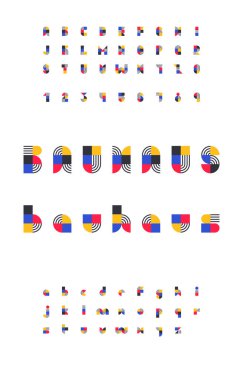Bauhaus Alfabe Posteri Tam Büyük ve Küçük Sayılar Oyuncu Jeometrik Renk Vektörü İllüstrasyonunda Seti