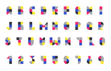 Bauhaus Kalın Alfabe ve Birincil Renkler ve Geometrik Desenler Vektör İllüstrasyonuna İlham Verdi