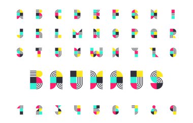 Bauhaus Büyük harf alfabesi ve Çizgili Geometrik Şekiller ile Birincil Renk Paleti Resimlendirmesi