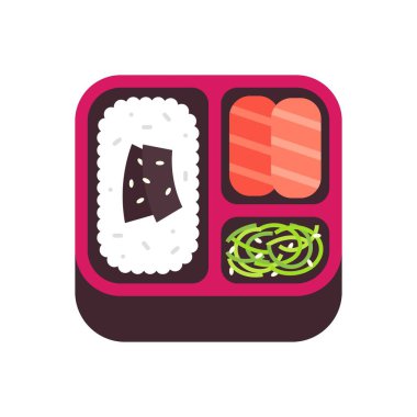 Buharda pilavlı Bento tepsisi, Somon Sashimi ve Wakame Seaweed Vector Illustratio