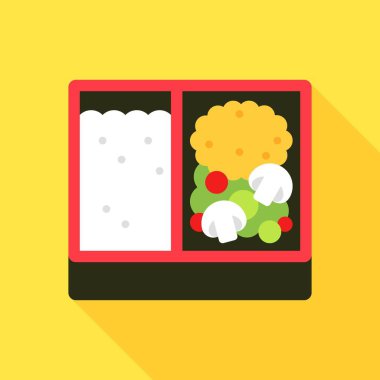 Beyaz Pirinç, Kızarmış Brokoli Tempura ve Mantarlı Sarı Arkaplan Bento Kutu Vektörü