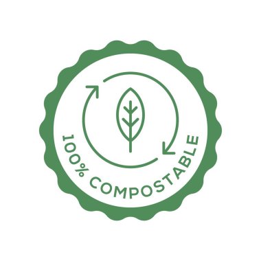 Yaprak Simgesi Taslak Vektör Resimleriyle Asgari Yeşil Mühürlü% 100 Gübrelenebilir Ürün Rozeti