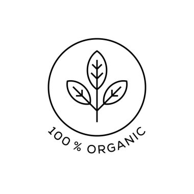 Asgari Yaprak Sembol Vektörü İllüstrasyonlu% 100 Organik Rozet Simgesi