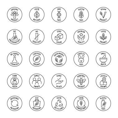 Doğal Vegan Sürdürülebilir ve Geri Dönüşümlü Etiketler Vektörü İllüstrasyonlu Çevre dostu Yeşil Organik Sertifika Rozetleri