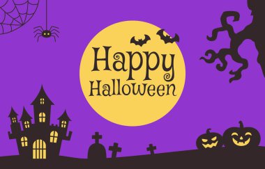 Mor Arkaplan Vektör Çiziminde Örümcekle Cadılar Bayramı Lanetli Şatonuz kutlu olsun