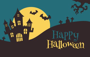 Cadılar Bayramı Perili Evi 'nde Yarasalar ve Sarı Ay Vektörü Resimleri