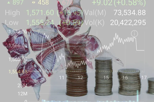Double Exposure Coins Pig Carcasses Numbers — Stock Photo, Image