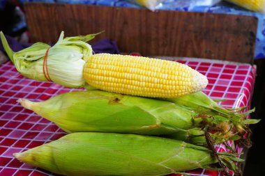 Üç yığın taze mısır satılmayı bekliyor..