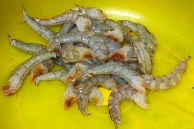 Kuzu başlı karidesler sarı kasede pişmeye hazır