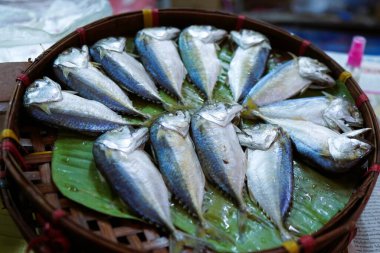 Buharda pişmiş uskumru, satılık bir kasede..