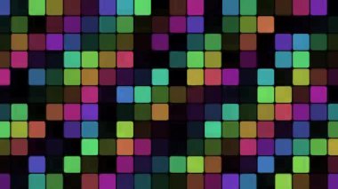 Değişik şekillerde yanıp sönen yumuşak çok renkli karelerin dinamik ve hipnotik görüntüsü. Basit çarpıcı tasarım ritmik ve titreşimli bir etki yaratır. Geometrik basitlik cesur bir görsel deneyim yaratır.