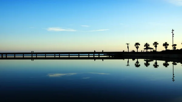 Gökyüzü ve su arasında köprüyü geçen palmiye ağaçlarıyla çevrili geometrik bir yansımanın genel görüntüsü.