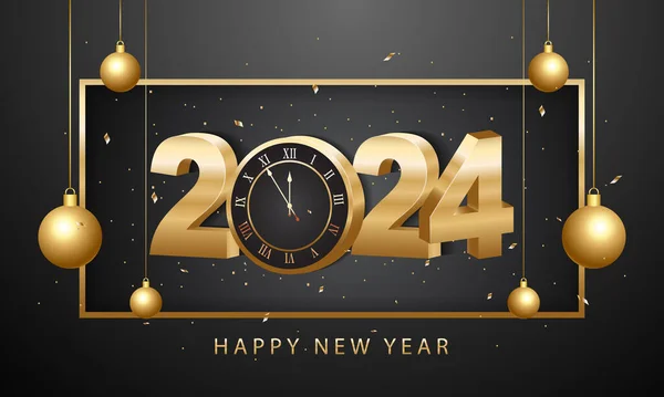Gelukkig Nieuwjaar 2024 Gouden Nummers Met Gouden Kerstversiering Confetti Donkere — Stockvector