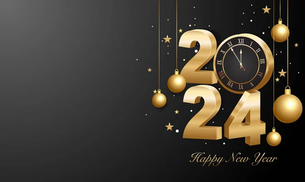 Mutlu yıllar 2024. Altın rengi Noel süslemeleri ve koyu arkaplanda konfetileri olan 3D altın rakamlar. Tatil tebrik kartı tasarımı.