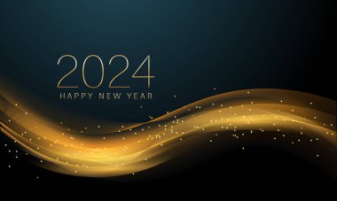 2024 Yeni Yıl Soyut parlak altın dalga tasarım elementi ve koyu arkaplan üzerindeki parıltı etkisi ile. Takvim için poster tasarımı