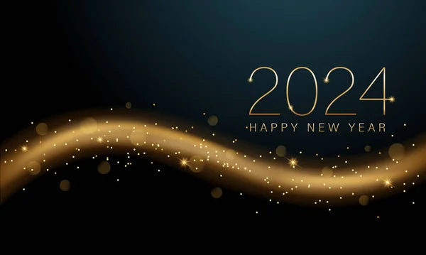 2024 Yeni Yıl Soyut parlak altın dalga tasarım elementi ve koyu arkaplan üzerindeki parıltı etkisi ile. Takvim için poster tasarımı