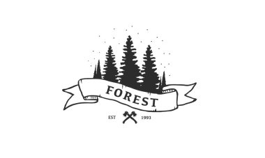 Ormanın basit logoları. Geceleri ağaçlarda gezinen bir ormanın resmi..