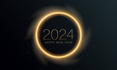 2024 Parıltılı Yeni Yıl Kartı, Neşeli Altın Arkaplan, Yatay Sancak