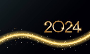2024 Parıltılı Yeni Yıl Kartı, Neşeli Altın Arkaplan, Yatay Sancak