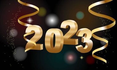 Mutlu yıllar 2024. Kurdeleli ve konfetili altın 3D numaraları renksiz, sahte arkaplana asmak.