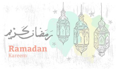 Grunge özgeçmişi ve Arapça metni olan Ramazan Kareem için detaylı taslak çizimi. Vektör İllüstrasyonu