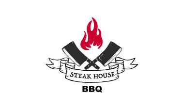 Klasik barbekü amblemleri. Restoran etiketleri, amblemler, logolar. Vektör logo şablonu
