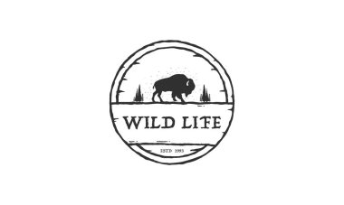 Wild Buffalo Vintage Logo Tasarımı. Bizon Boğası Angus Silueti Vintage Retro Logosu, Buffalo Yetiştiricileri Vektör İllüstrasyonu.