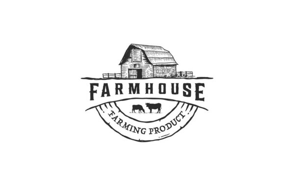 Логотип концепции arm House. Шаблон с ландшафтом фермы. Этикетка для натуральных сельскохозяйственных продуктов. Черный логотип изолирован на белом фоне. Векторная иллюстрация.