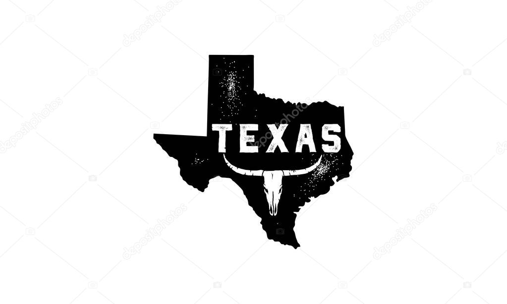 Texas flag map and longhorn with vintage black background. Vector template