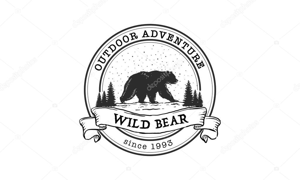 Vintage wilderness logo. hand drawn retro styled outdoor adventure emblem, badge, design elements, logotype template. vector illustration