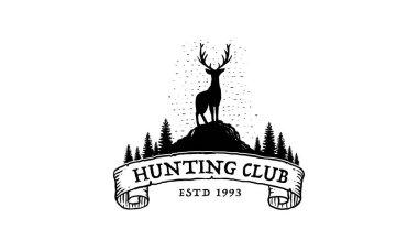 Geyik avcısı logosu, rozet, amblem, etiket tasarımı şablonu. Geyik kafası siluetinin vektör çizimi. Avcı kulübü