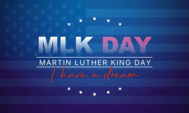Martin Luther King Jr. Günü tebrik kartı - İlham verici bir hayalim var - Amerikan bayrağıyla birlikte yatay mavi arka plan pankartı