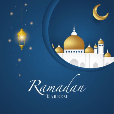 Ramazan feneri ve hilal 3D illüstrasyonlu İslami arka plan. Ramazan Kareem, Mawlid, iftar, İsrail Miraj, Kurban Bayramı ve Muharram için dekorasyon.